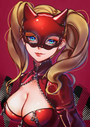 Rule 34 | 1girl, blonde hair, blue eyes, bodysuit, breasts, cat mask, catsuit, cleavage, cleavage cutout, clothing cutout, commentary request, domino mask, earrings, horns, jacket, jewelry, leather, leather jacket, lipstick, long hair, long sleeves, looking at viewer, makeup, march ab, mask, medium breasts, persona, persona 5, red background, smile, solo, sparkle, takamaki anne, twintails, upper body, zipper