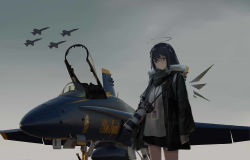 Rule 34 | 1girl, aircraft, airplane, arknights, black hair, black jacket, blue angels, blue eyes, camera, closed mouth, commentary, detached wings, english commentary, f/a-18e super hornet, fighter jet, fur trim, halo, highres, holding, holding camera, horns, id card, jacket, jet, long hair, long sleeves, looking at viewer, military, military vehicle, mirroraptor, mostima (arknights), open clothes, open jacket, outdoors, shirt, smile, solo, standing, united states navy, vehicle focus, white shirt, wings