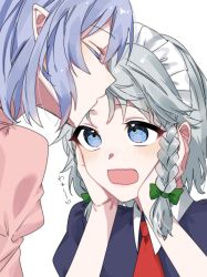 Rule 34 | 2girls, blue eyes, bow, braid, closed eyes, closed mouth, collared dress, dress, eringi (rmrafrn), green bow, grey hair, hair bow, hands on own face, hands up, heart, heart in eye, highres, izayoi sakuya, juliet sleeves, kiss, long sleeves, looking at another, maid headdress, multiple girls, necktie, no headwear, open mouth, pink dress, pointy ears, puffy short sleeves, puffy sleeves, purple dress, purple hair, red necktie, remilia scarlet, short hair, short sleeves, simple background, symbol in eye, touhou, twin braids, yuri