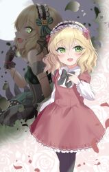 Rule 34 | absurdres, armband, black bow, black bowtie, black gloves, black pantyhose, blush, bow, bowtie, breasts, commentary request, dress, fang, floral background, floral print, food-themed hair ornament, frilled hairband, frilled skirt, frills, full moon, gloves, green bow, green dress, green eyes, hair between eyes, hair ornament, hairband, hand up, highres, idolmaster, idolmaster cinderella girls, long sleeves, looking at viewer, medium hair, minamoto tarou, moon, multiple views, night, night sky, open mouth, pantyhose, petals, pink background, pumpkin hair ornament, red dress, red ribbon, ribbon, rose background, rose print, sakurai momoka, scar, sidelocks, sideways glance, skirt, sky, small breasts, smile, solo, wavy hair, white sleeves