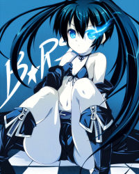 Rule 34 | 10s, 1girl, bad id, bad pixiv id, bikini, bikini top only, black hair, black rock shooter, black rock shooter (character), blue eyes, boots, female focus, glowing, glowing eyes, long hair, marinon, monochrome, navel, pale skin, scar, shorts, solo, spot color, swimsuit, sword, twintails, weapon