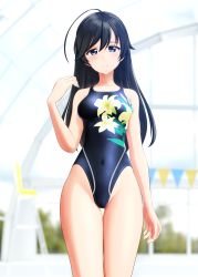 Rule 34 | 1girl, absurdres, ahoge, black eyes, black hair, black one-piece swimsuit, blurry, blurry background, breasts, commentary request, competition swimsuit, covered navel, cowboy shot, floral print, girls und panzer, highres, indoors, isuzu hana, long hair, medium breasts, one-piece swimsuit, solo, string of flags, swimsuit, takafumi, thigh gap