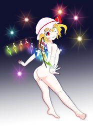 Rule 34 | 1girl, 501 (gouwan), ass, barefoot, blonde hair, blue legwear, blush, blush stickers, breasts, fingernails, flandre scarlet, from behind, full body, gradient background, hat, hat ribbon, lights, looking at viewer, looking back, mob cap, nail polish, nipples, nude, one eye closed, panties, red eyes, red nails, ribbon, sharp fingernails, short hair, short sleeves, side ponytail, small breasts, smile, solo, spotlight, touhou, underwear, wings