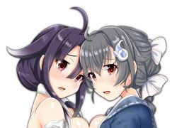 Rule 34 | 2girls, ahoge, black hair, blue sailor collar, breast press, breasts, commentary request, dated, hair flaps, hair ornament, hair ribbon, hairclip, highres, jingei (kancolle), kantai collection, large breasts, long hair, looking at viewer, low twintails, multiple girls, purple hair, red eyes, ribbon, sailor collar, signature, simple background, symmetrical docking, taigei (kancolle), tk8d32, twintails, upper body, white background, white ribbon