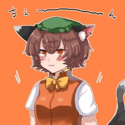 Rule 34 | 1girl, :3, absurdres, animal ears, bow, brown hair, cat ears, cat tail, chen, earrings, hat, highres, jewelry, kashiwara mana, multiple tails, orange background, orange theme, short hair, single earring, smug, solo, tail, touhou