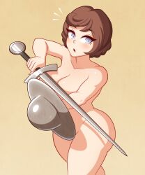 Rule 34 | 1girl, blue eyes, breasts, brown hair, chemical bro (artist), cleavage, cowboy shot, fighting stance, highres, ironlily, large breasts, nipples, nude, shield, short hair, solo, sword, weapon