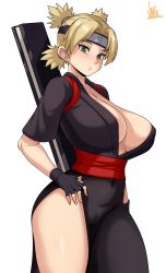 Rule 34 | 1girl, absurdres, areola slip, blonde hair, breasts, cameltoe, cleft of venus, fingerless gloves, gloves, green eyes, highres, jmg, large breasts, looking at viewer, naruto, naruto (series), solo, temari (naruto), white background