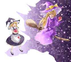 Rule 34 | 1girl, apple, apron, blonde hair, bobby socks, bow, braid, broom, crescent, dual persona, female focus, flying, food, fruit, gradient background, hair bow, hat, hat ribbon, kirisame marisa, kirisame marisa (pc-98), light particles, light smile, long hair, long sleeves, looking at another, looking away, mary janes, nip to chip, open mouth, puffy short sleeves, puffy sleeves, ribbon, shoes, short sleeves, single braid, skirt, skirt set, socks, time paradox, touhou, touhou (pc-98), waist apron, witch hat, yellow eyes