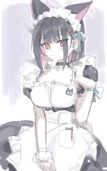 1girl abstract_background alternate_costume animal_ears apron black_dress black_hair blue_archive blush breasts cat_ears cat_girl collar colored_inner_hair commentary cowboy_shot dress earrings enmaided grey_background hair_ornament hairclip highres jewelry kazusa_(blue_archive) large_breasts looking_at_viewer maid maid_headdress medium_hair multicolored_hair nemo_(leafnight) pink_hair puffy_short_sleeves puffy_sleeves red_eyes ribbon short_sleeves solo stud_earrings symbol-only_commentary unfinished white_apron wrist_cuffs wrist_ribbon