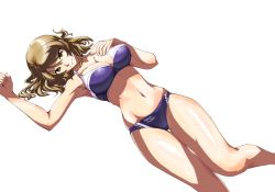 Rule 34 | 1girl, absurdres, bikini, breasts, brown eyes, clothes writing, commentary request, highres, houston (kancolle), kantai collection, kasuta.net, large breasts, light brown hair, long hair, looking at viewer, lying, purple bikini, short hair, simple background, smile, solo, swimsuit, two-tone bikini, white background
