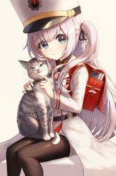 Rule 34 | 1girl, absurdres, animal, animal on lap, backpack, bag, black pantyhose, black ribbon, blue archive, blue eyes, book, cat, cat on lap, cherino (blue archive), coat, feet out of frame, hair ornament, hair ribbon, hat, highres, light blush, long hair, long sleeves, looking at viewer, military, military hat, military uniform, on lap, one side up, pantyhose, pom pom (clothes), pom pom hair ornament, randoseru, red bag, ribbon, shako cap, shorts, sitting, smile, uniform, wakum, white coat, white hair, white headwear