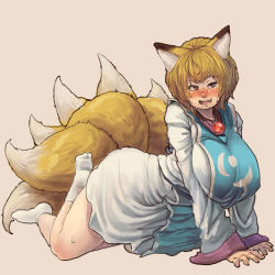 Rule 34 | 1girl, animal ears, blonde hair, blush, breasts, chanta (ayatakaoisii), dress, fox ears, fox tail, full-face blush, hip focus, huge breasts, long sleeves, looking to the side, mul, multiple tails, no headwear, nose, open mouth, purple background, raised eyebrow, short dress, short hair, simple background, socks, solo, sweat, tabard, tail, teeth, thighs, tongue, touhou, white dress, yakumo ran, yellow eyes