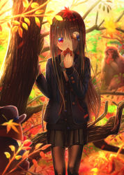 Rule 34 | 1girl, aiuabo, aqua nails, autumn, autumn leaves, baboon, bird hair ornament, black cardigan, black pantyhose, black skirt, blazer, bow, bowtie, cardigan, commentary request, green bow, green bowtie, hair ornament, hair over one eye, haniwa (statue), hat, highres, holding, holding leaf, jacket, leaf, leaf on head, long hair, long sleeves, looking at viewer, monkey, nail polish, original, outdoors, pantyhose, red eyes, skirt, solo, striped bow, striped bowtie, striped clothes, striped neckwear, tree, very long hair