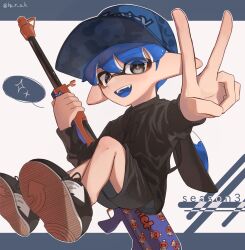 Rule 34 | 1boy, baseball cap, black shirt, black shorts, blue hair, commentary request, full body, grey eyes, gun, ha r a k, hat, highres, holding, holding gun, holding weapon, ink tank (splatoon), inkling, inkling boy, inkling player character, letterboxed, nintendo, open mouth, pointy ears, shirt, short hair, shorts, smile, solo, splat charger (splatoon), splatoon (series), splatoon 3, spoken sparkle, star-shaped pupils, star (symbol), symbol-shaped pupils, teeth, tentacle hair, upper teeth only, v, weapon