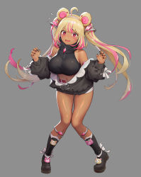 Rule 34 | 1girl, ahoge, bare shoulders, belt, black footwear, black jacket, black nails, black shirt, blonde hair, blush, boots, breasts, character request, flying sweatdrops, grey background, gyaru, hairband, hands up, highres, jacket, knees together feet apart, large breasts, long hair, long sleeves, looking at viewer, midriff, multicolored hair, nail polish, navel, open mouth, paw pose, pink belt, pink eyes, pink hair, shirt, shorts, sidelocks, sleeveless, sleeveless shirt, stomach, streaked hair, thighs, turtleneck, twintails, very long hair, virtual youtuber, white hairband, white shorts, y.i. (lave2217)