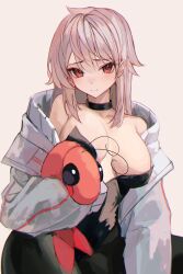 Rule 34 | 00 nation, 1girl, absurdres, black collar, black leotard, black pantyhose, blush, breasts, closed mouth, collar, collarbone, commentary, genderswap, genderswap (mtf), grey hair, hair between eyes, highres, holding, holding stuffed toy, ipn, jacket, large breasts, leotard, long hair, long sleeves, looking at viewer, naokomama, open clothes, open jacket, pantyhose, red eyes, shrimp, simple background, solo, stuffed animal, stuffed shrimp, stuffed toy, white background, white jacket