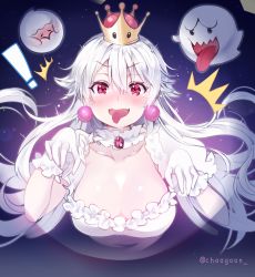 Rule 34 | !, 1girl, ^^^, bad id, bad pixiv id, blush, boo (mario), breasts, brooch, chagoon, cleavage, collar, collarbone, crown, detached collar, dress, earrings, fangs, frilled collar, frilled dress, frilled gloves, frilled sleeves, frills, gloves, hair between eyes, jewelry, large breasts, long hair, looking at viewer, luigi&#039;s mansion, mario (series), new super mario bros. u deluxe, nintendo, open mouth, princess king boo, purple eyes, short sleeves, super crown, tears, tongue, tongue out, white dress, white gloves, white hair