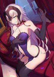 Rule 34 | 1girl, ahoge, arched back, armpits, backless outfit, bare shoulders, bed, black gloves, black thighhighs, blonde hair, blush, breasts, butt crack, canopy bed, choker, cleavage, collarbone, couch, covered erect nipples, curtains, dutch angle, fate/grand order, fate (series), garter straps, gloves, highres, indoors, jeanne d&#039;arc (fate), jeanne d&#039;arc alter (avenger) (fate), jeanne d&#039;arc alter (fate), lace trim, langya beike, large breasts, long hair, looking at viewer, navel, official alternate costume, petals, red choker, red ribbon, revealing clothes, revision, ribbon, ribbon choker, silver hair, sitting, slit pupils, smile, solo, thighhighs, tile floor, tiles, yellow eyes