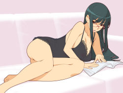 Rule 34 | 1girl, barefoot, black hair, book, boots, breasts, character request, chemise, cleavage, covered erect nipples, feet, female focus, glasses, green eyes, highres, ino (magloid), kisaragi rei, large breasts, lips, long hair, looking at viewer, lying, nipples, on side, otome function, red-framed eyewear, see-through, sketch, solo, toes