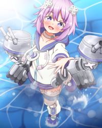 Rule 34 | 1girl, absurdres, azur lane, blush, choker, d-pad, d-pad hair ornament, from above, hair ornament, highres, hood, hooded track jacket, hoodie, jacket, looking at viewer, looking up, neptune (neptunia), neptune (series), purple eyes, purple hair, silver light, solo, striped clothes, striped thighhighs, thighhighs, track jacket, water