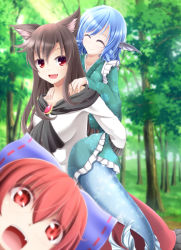 Rule 34 | 3girls, :d, ^ ^, absurdres, animal ears, bow, breasts, brooch, brown hair, close-up, closed eyes, day, dress, drill hair, evandragon, closed eyes, fang, fangs, forest, hair bow, highres, imaizumi kagerou, japanese clothes, jewelry, kimono, large bow, long hair, mermaid, monster girl, multiple girls, nature, open mouth, outdoors, red eyes, red hair, sekibanki, short hair, smile, touhou, wakasagihime, wolf ears