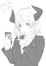 Rule 34 | 1girl, ahoge, blazer, braid, cellphone, commentary, fangs, greyscale, highres, holding, holding phone, horns, jacket, long sleeves, looking at viewer, monochrome, niwatazumi, open mouth, original, parted bangs, phone, pointing, pointy ears, school uniform, short hair, sketch, sleeves past wrists, smartphone, solo, sweatdrop, sweater, translation request, twin braids, upper body, white background