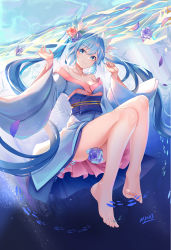 Rule 34 | 1girl, absurdres, bare legs, bare shoulders, barefoot, blue eyes, blue hair, blue kimono, blue sash, commentary request, fish, flower, hair between eyes, hair flower, hair ornament, hatsune miku, highres, japanese clothes, kimono, long hair, long sleeves, minoominoomi, obi, off shoulder, pink flower, pink rose, rose, sash, solo, thighs, twintails, vocaloid, wide sleeves