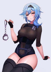 Rule 34 | 1girl, absurdres, badge, black hairband, black leotard, black thighhighs, blue hair, blush, boots, breasts, commentary, covered navel, cuffs, english commentary, eula (genshin impact), fingerless gloves, genshin impact, gloves, hairband, handcuff dangle, handcuffs, highres, leotard, looking at viewer, medium breasts, medium hair, meowrim, multicolored eyes, open mouth, purple eyes, shiny skin, simple background, solo, thigh boots, thighhighs, thighs, white background, yellow eyes