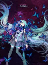 Rule 34 | 1girl, absurdly long hair, aqua eyes, aqua hair, boots, bug, butterfly, character name, copyright name, detached sleeves, hatsune miku, bug, long hair, looking at viewer, lying, necktie, nise shoku, skirt, solo, thigh boots, thighhighs, twintails, very long hair, vocaloid, zettai ryouiki
