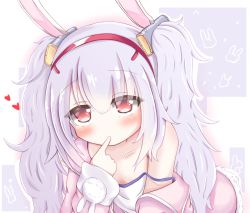 Rule 34 | 1girl, all fours, animal ears, animal print, azur lane, collarbone, commentary request, fake animal ears, finger to mouth, hairband, highres, laffey (azur lane), long hair, looking at viewer, rabbit print, red eyes, ridy (ri sui), silver hair, solo, twintails
