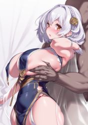 Rule 34 | 1boy, 1girl, azur lane, blush, breasts, china dress, chinese clothes, dress, fuya (tempupupu), large breasts, official alternate costume, open mouth, red eyes, revealing clothes, short hair, sirius (azur lane), sirius (azure horizons) (azur lane), white hair