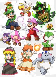Rule 34 | 3boys, 5boys, absurdres, blonde hair, blue eyes, blue toad (mario), bowser, brothers, brown hair, bubble, bubble mario, castle, castle bowser, crown, dinosaur, dress, drill, drill peach, earrings, elephant, elephant blue toad (mario), elephant toad, facial hair, fire, fire daisy, flower earrings, gloves, grin, hat, highres, horns, jewelry, koopa paratroopa, long hair, looking at viewer, luigi, mario, mario (series), multiple boys, mustache, nabbit, nintendo, overalls, power-up, prince florian, princess daisy, princess peach, puffy short sleeves, puffy sleeves, running, sasaki sakiko, shell, short sleeves, siblings, smile, super mario bros. wonder, talking flower (mario), toad (mario), toadette, wings, yoshi