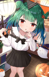 Rule 34 | 1girl, black bow, black skirt, bow, collarbone, double bun, feet out of frame, food-themed hair ornament, ghost, green hair, hair bow, hair bun, hair ornament, hand on own cheek, hand on own face, hands up, hat, highres, hololive, knees together feet apart, lamp, long hair, long sleeves, looking at viewer, medium hair, moon, nail polish, night, plant, pumpkin, pumpkin hair ornament, red eyes, saki (saki paint), skirt, solo, standing, straight hair, uruha rushia, virtual youtuber, window