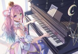 Rule 34 | 1girl, absurdres, aqua eyes, bare shoulders, fuyoyo, heterochromia, highres, himemori luna, hololive, instrument, looking at viewer, open mouth, piano, purple eyes, purple hair, smile, solo, striped clothes, striped thighhighs, thighhighs, vertical-striped clothes, vertical-striped thighhighs, virtual youtuber