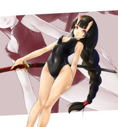 Rule 34 | 1girl, black hair, braid, breasts, cleavage cutout, clothing cutout, covered navel, demon girl, dutch angle, eyeliner, from below, front zipper swimsuit, hand on own thigh, hiko (hiko224556), horns, katana, legs, long hair, looking at viewer, makeup, meme attire, one-piece swimsuit, oni horns, original, red eyes, short eyebrows, single braid, small breasts, solo, swimsuit, sword, thigh gap, very long hair, weapon, zoom layer
