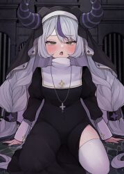 Rule 34 | 1girl, absurdres, black dress, black headwear, black horns, blush, braid, braided bangs, breasts, coif, covered navel, cross, cross necklace, dress, habit, highres, hololive, horns, jewelry, la+ darknesss, looking at viewer, multicolored hair, necklace, nemuta muu, nun, pointy ears, purple hair, small breasts, streaked hair, striped horns, sweat, thighhighs, twin braids, veil, virtual youtuber, white thighhighs, yellow eyes