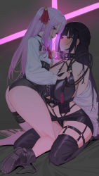 Rule 34 | 2girls, absurdres, ass, bare shoulders, beijuu, black footwear, black hair, black skirt, black thighhighs, blue eyes, boots, breasts, chain, collar, eye contact, goddess of victory: nikke, highres, holding, holding leash, holding whip, huge breasts, kneeling, leash, light purple hair, long hair, long sleeves, looking at another, mihara (nikke), multiple girls, open mouth, parted lips, purple eyes, shirt, sitting, skirt, small breasts, teeth, thighhighs, upper teeth only, white shirt, yuni (nikke), yuri