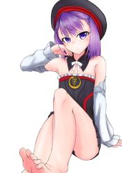 Rule 34 | 1girl, arm support, artist request, bare shoulders, barefoot, blush, couch, fate/grand order, fate (series), feet, foot focus, hat, head rest, helena blavatsky (fate), highres, leg lift, looking at viewer, pov, purple eyes, purple hair, short hair, simple background, sitting, smile, soles, toes, white background