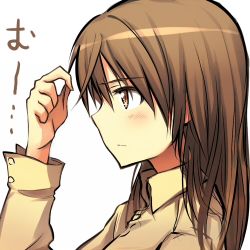 Rule 34 | 1girl, adjusting hair, blush, brown eyes, brown hair, gertrud barkhorn, hair down, long hair, lowres, sandwich (artist), simple background, solo, strike witches, tsuchii (ramakifrau), world witches series