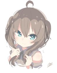 Rule 34 | 1girl, absurdres, ahoge, bare shoulders, black ribbon, blue eyes, blush, brown hair, closed mouth, clothing cutout, collared shirt, commentary request, cropped torso, dress shirt, grey shirt, hair between eyes, hair ribbon, hands up, highres, holding, holding own hair, hololive, long hair, natsuiro matsuri, natsuiro matsuri (casual), neck ribbon, okota mikan, ribbon, shirt, shoulder cutout, signature, simple background, smile, solo, twintails, upper body, virtual youtuber, white background