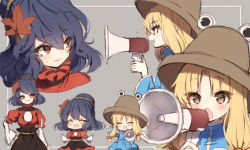 Rule 34 | 2girls, :d, :o, ^ ^, alternate costume, black skirt, blonde hair, blue dress, blush, breasts, brown eyes, brown hat, chibi, closed eyes, commentary request, cosplay, cowboy shot, cropped torso, dress, from side, grey background, hair between eyes, hair ornament, hand on own hip, hands up, hat, holding, holding megaphone, kawashiro nitori, kawashiro nitori (cosplay), leaf hair ornament, long hair, long sleeves, looking at another, looking at viewer, medium breasts, megaphone, mirror, moriya suwako, multiple girls, multiple views, open mouth, piyokichi, portrait, profile, puffy short sleeves, puffy sleeves, purple hair, red eyes, red shirt, rope, shirt, short hair, short sleeves, simple background, skirt, smile, standing, touhou, upper body, wide sleeves, yasaka kanako