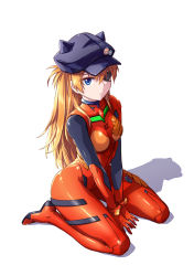 Rule 34 | 1girl, between legs, blue eyes, bodysuit, breasts, evangelion: 3.0 you can (not) redo, eyepatch, fish.boy, full body, hand between legs, hat, highres, interface headset, long hair, looking at viewer, medium breasts, neon genesis evangelion, orange hair, plugsuit, rebuild of evangelion, simple background, sitting, solo, souryuu asuka langley, wariza, white background