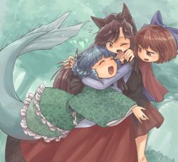 Rule 34 | 3girls, amekusa (aomidoris6), animal ears, arm around neck, blouse, blue background, blue hair, bow, brown hair, claws, closed eyes, disembodied head, dress, drill hair, fins, flying sweatdrops, hair bow, hand on another&#039;s shoulder, head fins, heart, hug, imaizumi kagerou, japanese clothes, kimono, layered clothes, layered dress, layered kimono, long hair, mermaid, miniskirt, monster girl, motion lines, multiple girls, one eye closed, open mouth, pleated skirt, red eyes, red hair, sekibanki, shirt, short hair, skirt, slit pupils, touhou, twin drills, usou (aomidori), wakasagihime, wolf ears