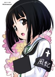 Rule 34 | 10s, 1girl, armband, black eyes, black hair, black neckerchief, blouse, blunt bangs, bob cut, commentary, dated, floral background, flower, flower request, folder, girls und panzer, gotou moyoko, highres, holding, long sleeves, looking at viewer, neckerchief, one-hour drawing challenge, ooarai school uniform, open mouth, school uniform, serafuku, shiina excel, shirt, short hair, solo, twitter username, upper body, white background, white shirt