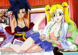 Rule 34 | 00s, 2girls, :d, alternate hairstyle, ankle socks, bare shoulders, bed, black hair, blonde hair, blue eyes, blue hair, breasts, camisole, cleavage, crease, cup, drink, earrings, eyelashes, flower, fur trim, grenadier (manga), hair between eyes, hair bobbles, hair ornament, hair over one eye, hair ribbon, holding, indoors, japanese clothes, jewelry, kanno toshiyuki, kimono, kurenai touka, large breasts, lipstick, long hair, looking at viewer, lying, makeup, megami magazine, miniskirt, multiple girls, no bra, non-web source, obi, off shoulder, official art, on side, open clothes, open kimono, open mouth, open shirt, pillow, plate, pleated skirt, ribbon, rope, rose, sash, scan, shirt, short hair, sitting, skirt, smile, socks, spiked hair, steam, table, taut clothes, taut shirt, tea, teacup, teapot, tendou rushuna, touka kurenai, tray, twintails, vase, white legwear, wide sleeves, yellow eyes