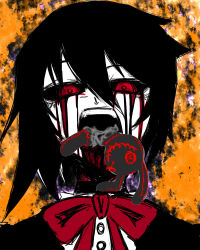 Rule 34 | 1girl, athisu, black hair, blood, blood from mouth, bloody tears, crazy eyes, creepy, highres, horror (theme), houjuu nue, neck ribbon, open mouth, portrait, rabbit, raised eyebrows, red eyes, red pupils, ribbon, short hair, smoke, solo, solo focus, stuffed animal, stuffed toy, teeth, torn, touhou
