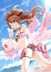 Rule 34 | 1girl, alternate costume, antenna hair, bikini, bracelet, breasts, brown hair, casteliacone, checkered bikini, checkered clothes, choker, cloud, commentary request, creatures (company), day, eyelashes, floating hair, food, frillish, frillish (female), game freak, gen 5 pokemon, green eyes, highres, hilda (pokemon), holding, ice cream, ice cream cone, jewelry, long hair, looking at viewer, nintendo, one eye closed, outdoors, pokemon, pokemon (creature), pokemon bw, ryuusei (trickster), sand, shore, sidelocks, sky, smile, sparkle, swimsuit, tongue, tongue out, water
