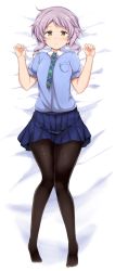 Rule 34 | 1girl, bed sheet, blue jacket, blue skirt, blush, brown pantyhose, closed mouth, commentary request, dakimakura (medium), full body, hands up, highres, idolmaster, idolmaster million live!, jacket, lockheart, looking at viewer, lying, makabe mizuki, necktie, no shoes, nose blush, on back, pantyhose, plaid necktie, plaid neckwear, pleated skirt, puffy short sleeves, puffy sleeves, purple hair, short sleeves, skirt, solo