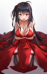 Rule 34 | 1girl, :p, absurdres, ahoge, arms under breasts, azur lane, bare shoulders, between breasts, black hair, blush, breast hold, breasts, champagne flute, choker, cleavage, cocktail dress, collarbone, commentary, crossed arms, cup, dress, drinking glass, drooling, gradient background, hair between eyes, hair ornament, highres, large breasts, long hair, looking at viewer, official alternate costume, one side up, open mouth, red choker, red dress, red eyes, seiza, simple background, sitting, smile, solo, taihou (azur lane), taihou (forbidden feast) (azur lane), thighhighs, tongue, tongue out, very long hair, wung125