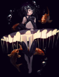 Rule 34 | 1girl, bad id, bad pixiv id, barefoot, black hair, bubble, doyora, elbow gloves, fingerless gloves, fish, gloves, highres, jellyfish, nose, original, personification, solo, underwater